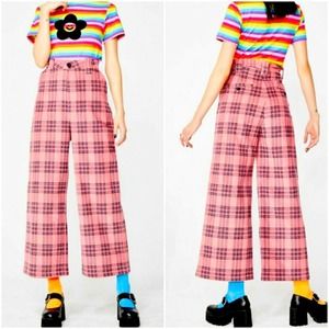 LAZY OAF pink plaid checkered high waisted ankle cropped flare corduroy jeans